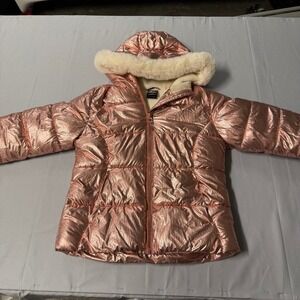 ZeroXposur Kids Rose Gold Metallic Puffer Jacket Faux Fur Hood Fleece Lined 7/8